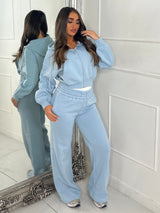 Hooded Zip Up & Double Waist Band Wide Leg Joggers Tracksuit - Baby Blue