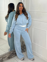 Hooded Zip Up & Double Waist Band Wide Leg Joggers Tracksuit - Baby Blue