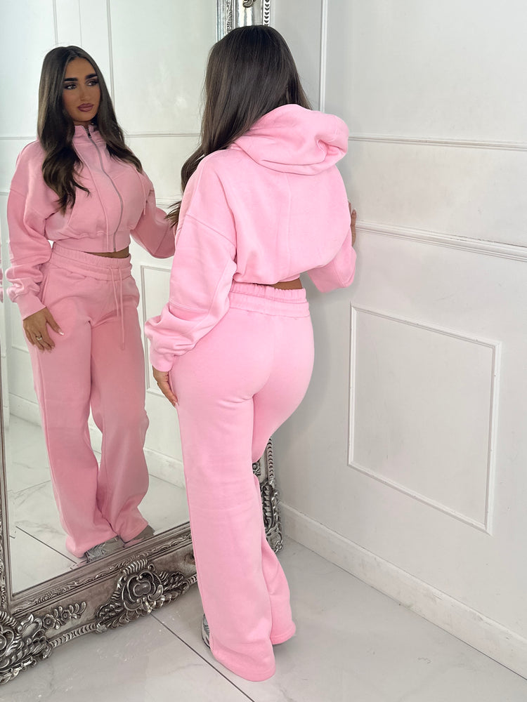 Hooded Zip Up & Double Waist Band Wide Leg Joggers Tracksuit - Baby Pink