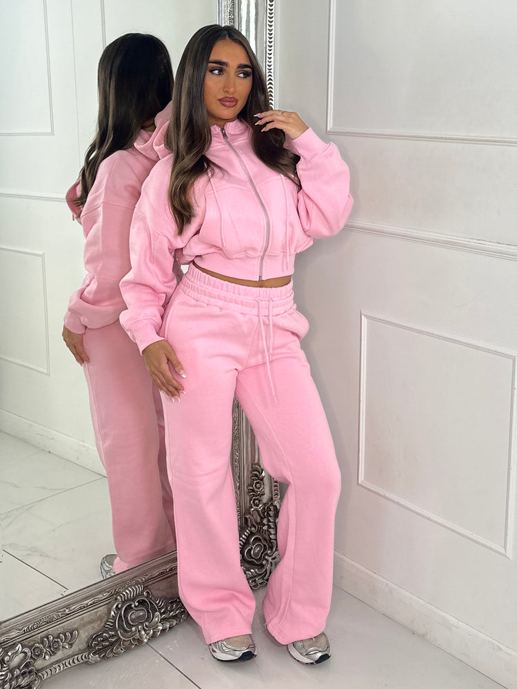 Hooded Zip Up & Double Waist Band Wide Leg Joggers Tracksuit - Baby Pink