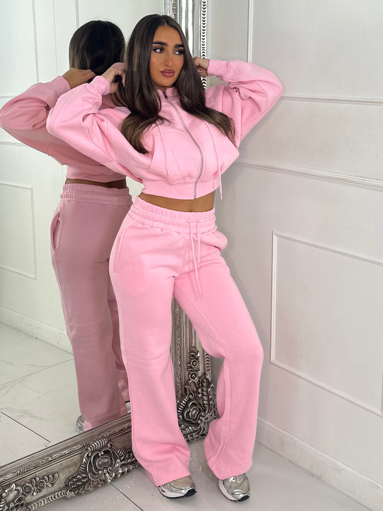 Hooded Zip Up & Double Waist Band Wide Leg Joggers Tracksuit - Baby Pink