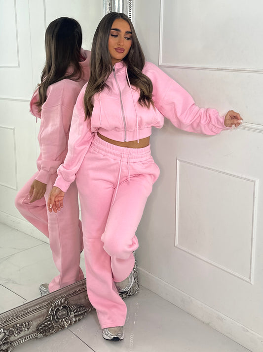 Hooded Zip Up & Double Waist Band Wide Leg Joggers Tracksuit - Baby Pink