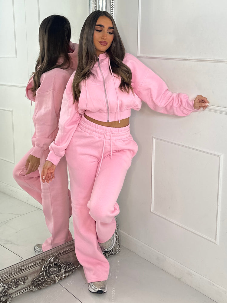 Hooded Zip Up & Double Waist Band Wide Leg Joggers Tracksuit - Baby Pink
