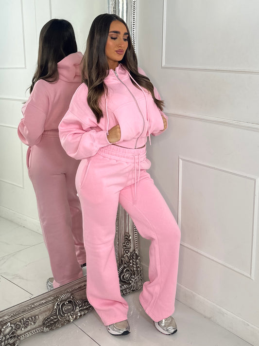 Hooded Zip Up & Double Waist Band Wide Leg Joggers Tracksuit - Baby Pink