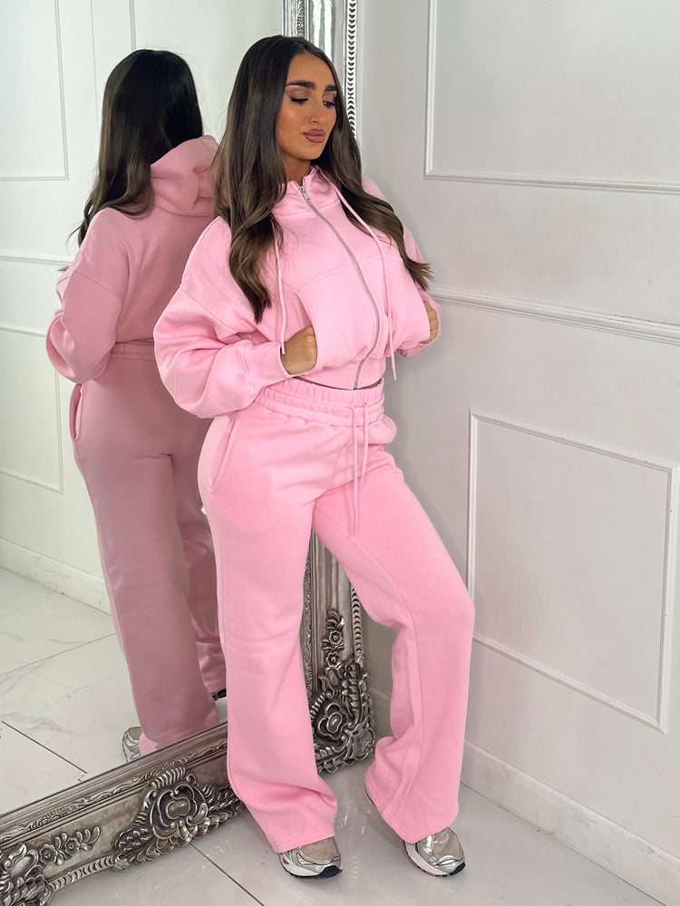 Hooded Zip Up & Double Waist Band Wide Leg Joggers Tracksuit - Baby Pink