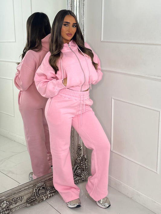 Hooded Zip Up & Double Waist Band Wide Leg Joggers Tracksuit - Baby Pink