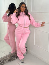 Hooded Zip Up & Double Waist Band Wide Leg Joggers Tracksuit - Baby Pink