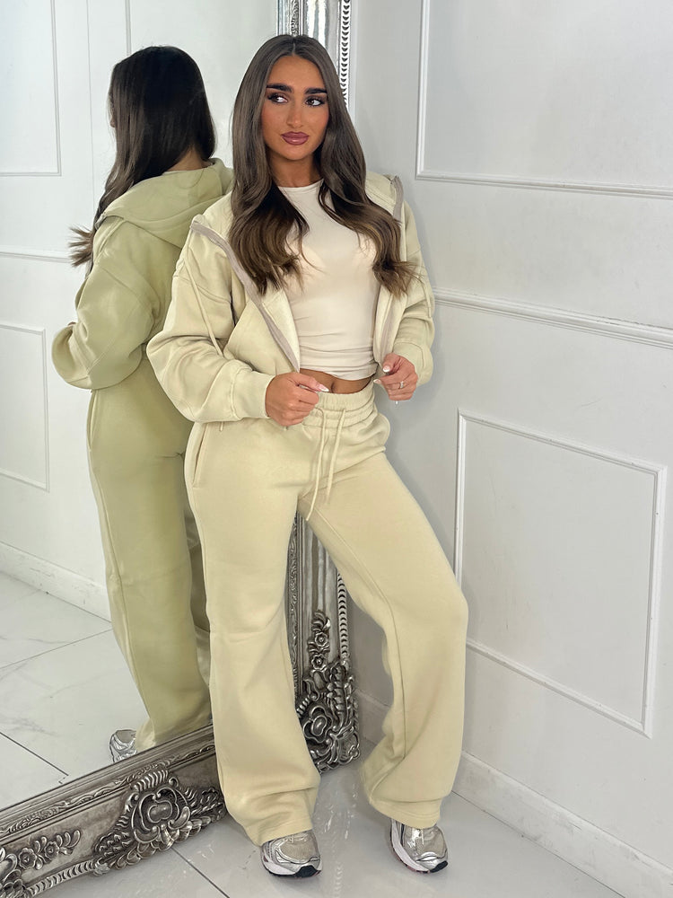 Hooded Zip Up & Double Waist Band Wide Leg Joggers Tracksuit - Beige