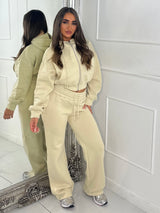 Hooded Zip Up & Double Waist Band Wide Leg Joggers Tracksuit - Beige