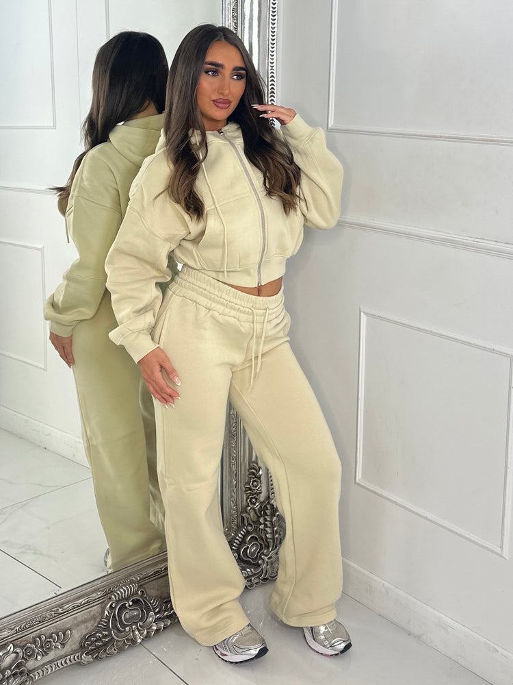 Hooded Zip Up & Double Waist Band Wide Leg Joggers Tracksuit - Beige