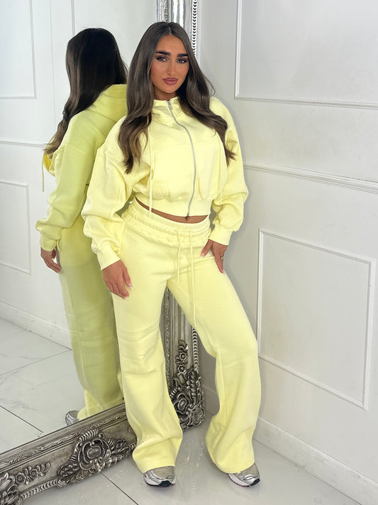 Hooded Zip Up & Double Waist Band Wide Leg Joggers Tracksuit - Lemon Yellow