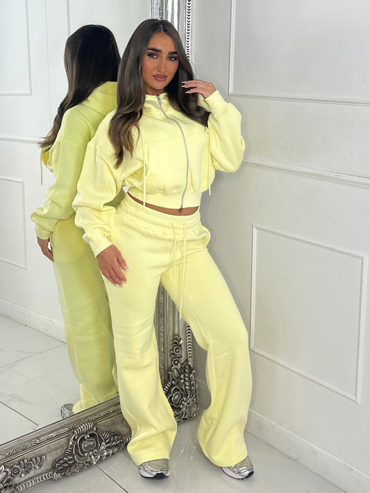 Hooded Zip Up & Double Waist Band Wide Leg Joggers Tracksuit - Lemon Yellow