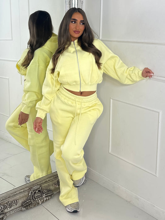 Hooded Zip Up & Double Waist Band Wide Leg Joggers Tracksuit - Lemon Yellow