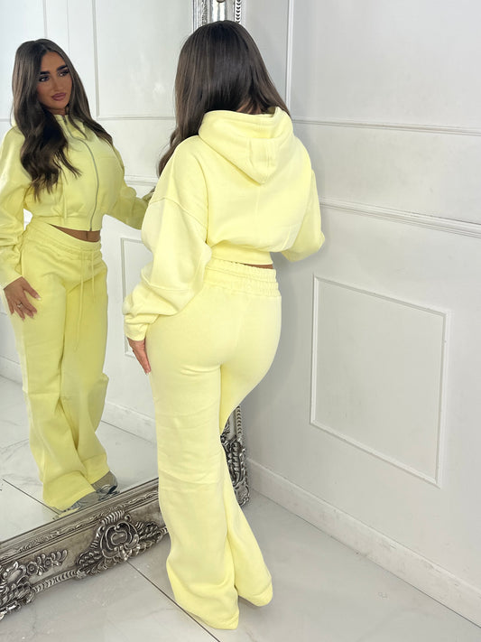 Hooded Zip Up & Double Waist Band Wide Leg Joggers Tracksuit - Lemon Yellow