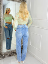 Lace Fitted Long Sleeve Top - Sage Green