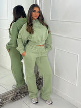 Hooded Zip Up & Double Waist Band Wide Leg Joggers Tracksuit - Sage Green