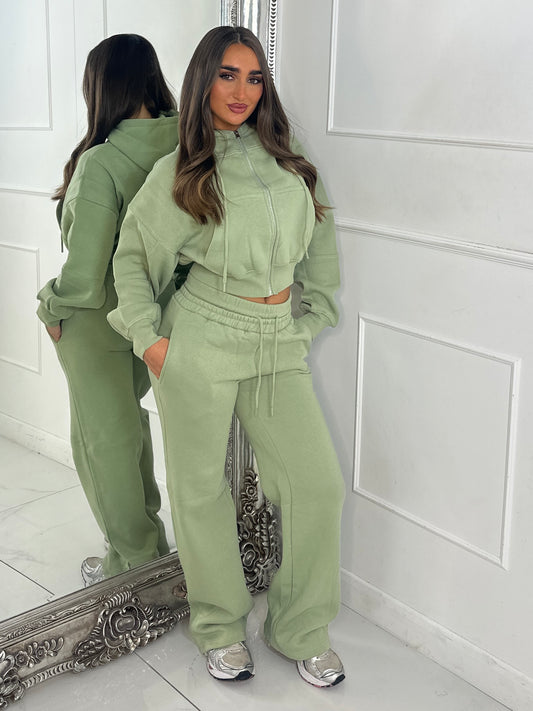 Hooded Zip Up & Double Waist Band Wide Leg Joggers Tracksuit - Sage Green