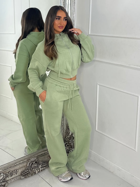 Hooded Zip Up & Double Waist Band Wide Leg Joggers Tracksuit - Sage Green