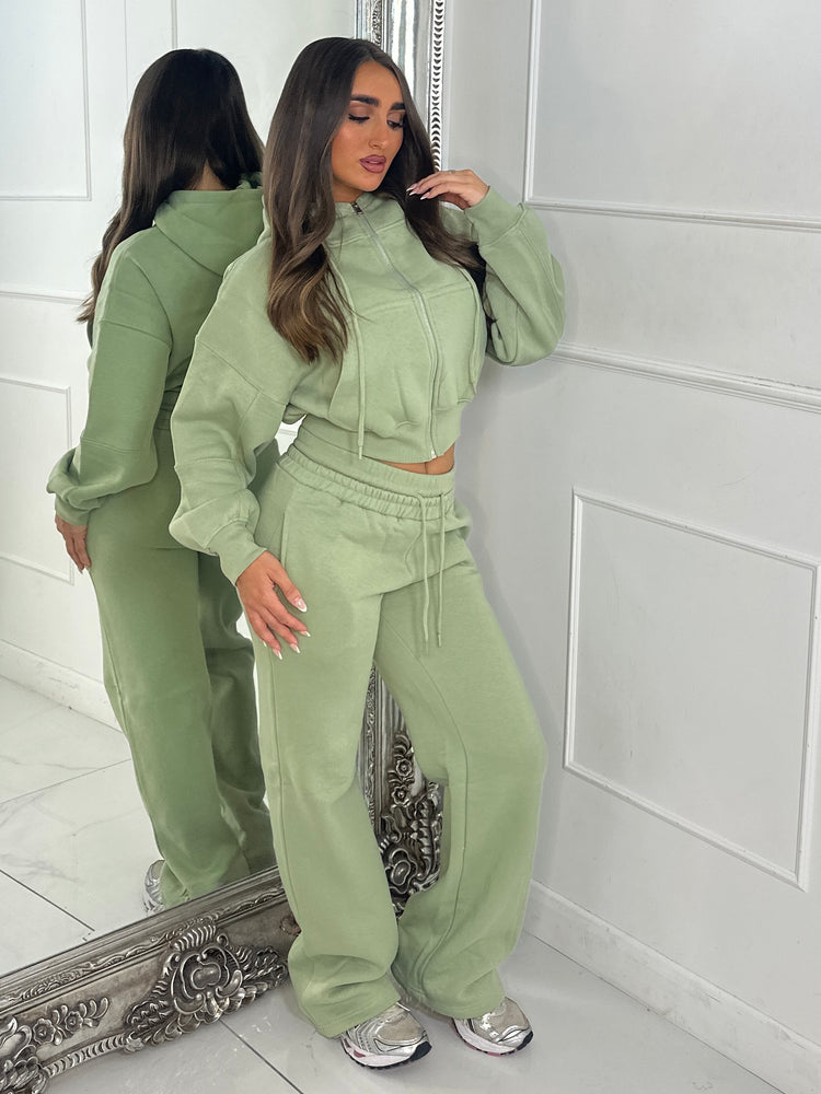 Hooded Zip Up & Double Waist Band Wide Leg Joggers Tracksuit - Sage Green