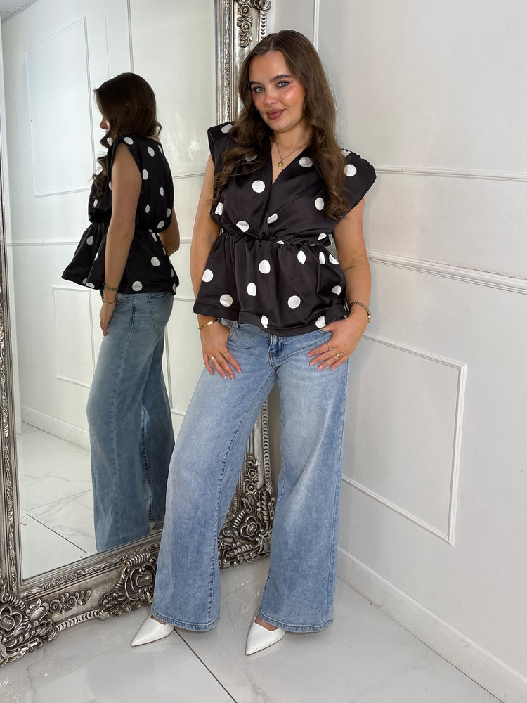 Polka Dot Padded Shoulder Frill Top - Brown/White