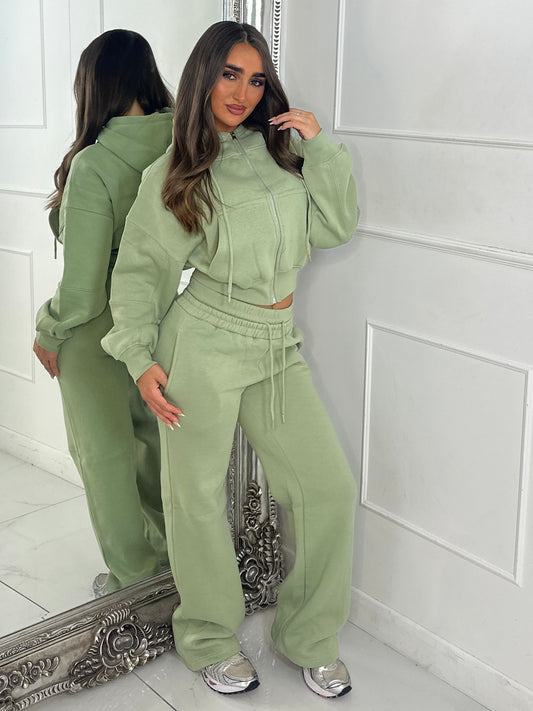Hooded Zip Up & Double Waist Band Wide Leg Joggers Tracksuit - Sage Green