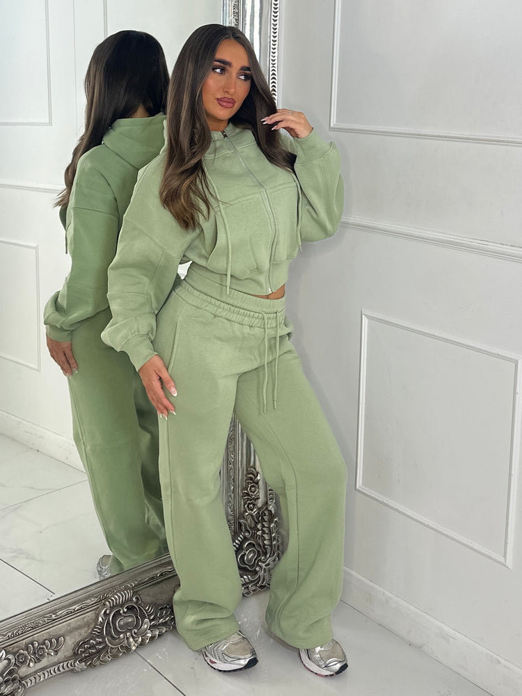 Hooded Zip Up & Double Waist Band Wide Leg Joggers Tracksuit - Sage Green