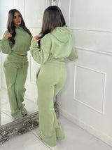 Hooded Zip Up & Double Waist Band Wide Leg Joggers Tracksuit - Sage Green