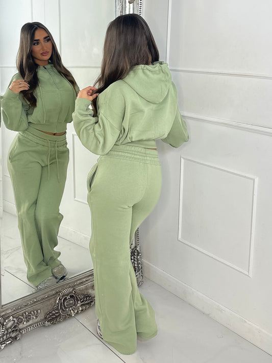 Hooded Zip Up & Double Waist Band Wide Leg Joggers Tracksuit - Sage Green