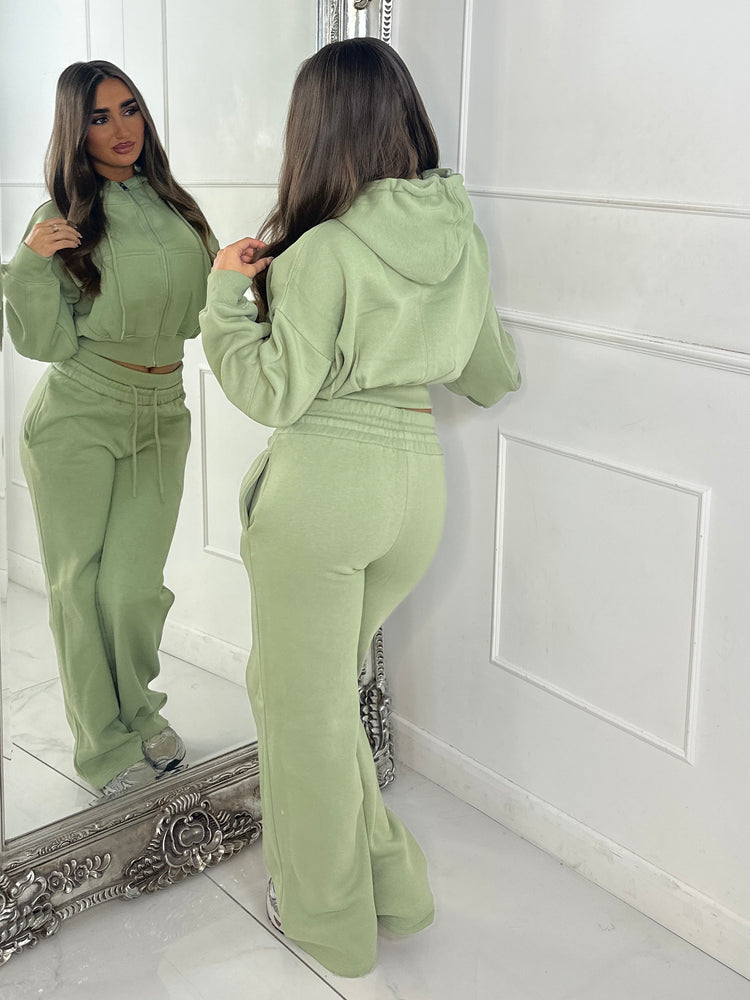 Hooded Zip Up & Double Waist Band Wide Leg Joggers Tracksuit - Sage Green