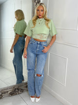 Padded Shoulder Cropped Tee With Lace Bra Underlayer - Sage Green