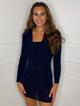 Cowl Neck Glitter Dress - Midnight Blue