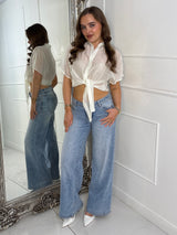 Diamante Button Up Tie Front Sheer Shirt - Cream