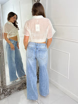 Diamante Button Up Tie Front Sheer Shirt - Cream