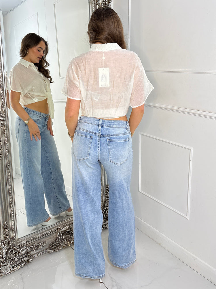 Diamante Button Up Tie Front Sheer Shirt - Cream