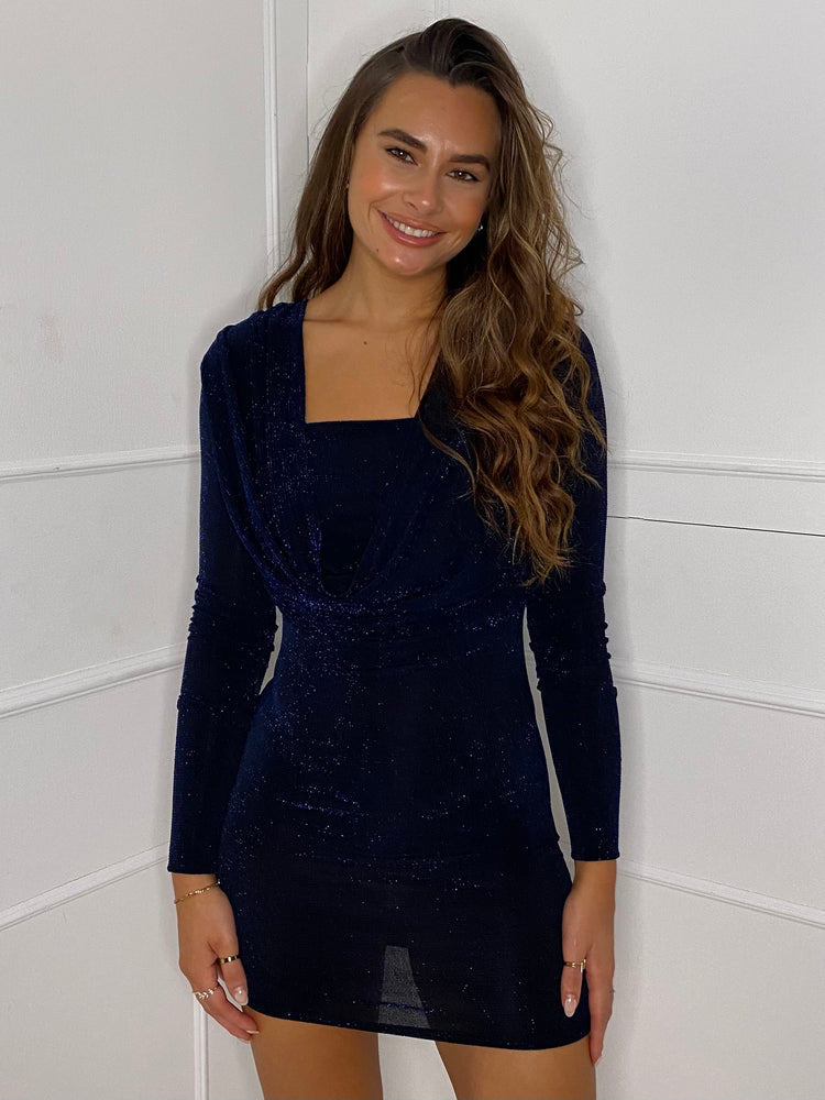 Cowl Neck Glitter Dress - Midnight Blue