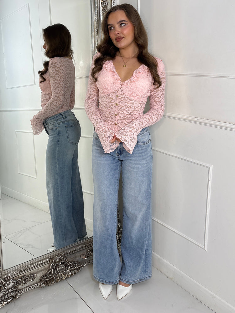 Lace Ruffle Long Sleeve Bodysuit - Baby Pink