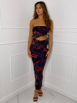 Mesh Bandeau Maxi Skirt Co-ord - Purple Print