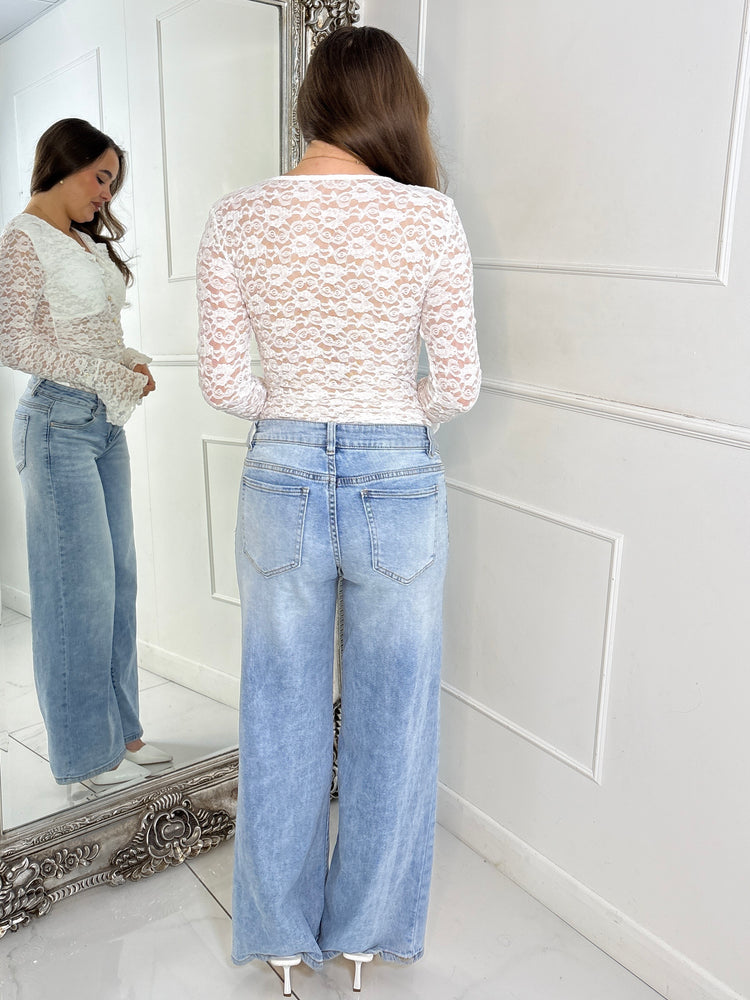 Lace Ruffle Long Sleeve Bodysuit - White