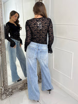 Lace Ruffle Long Sleeve Bodysuit - Black