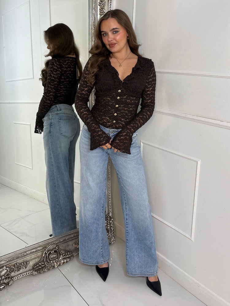 Lace Ruffle Long Sleeve Bodysuit - Brown