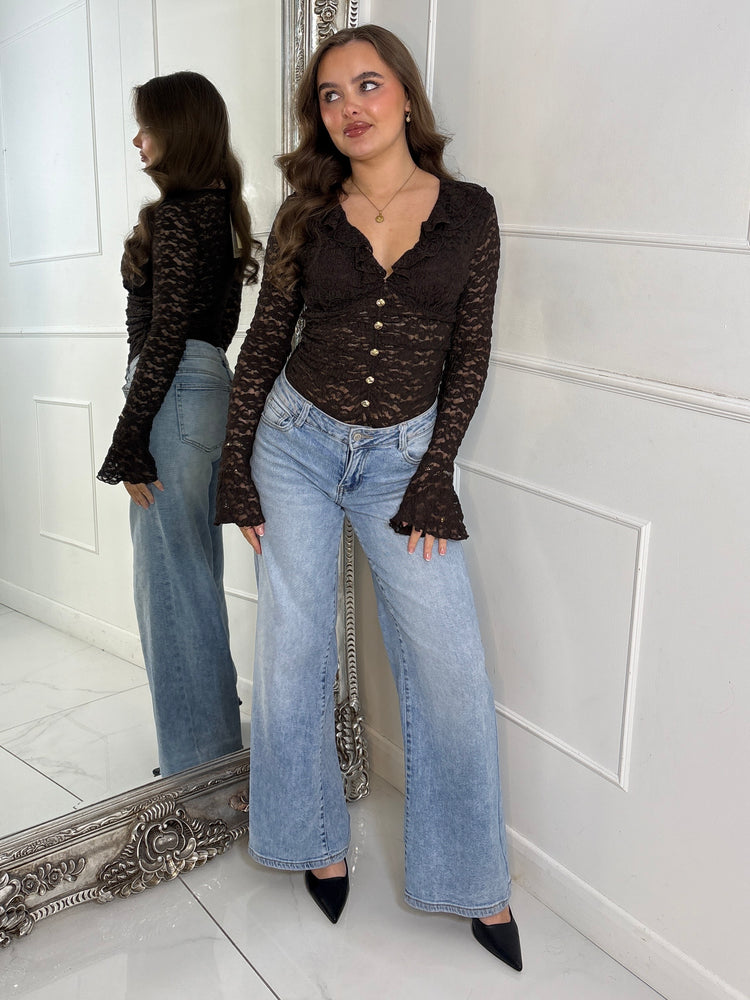 Lace Ruffle Long Sleeve Bodysuit - Brown