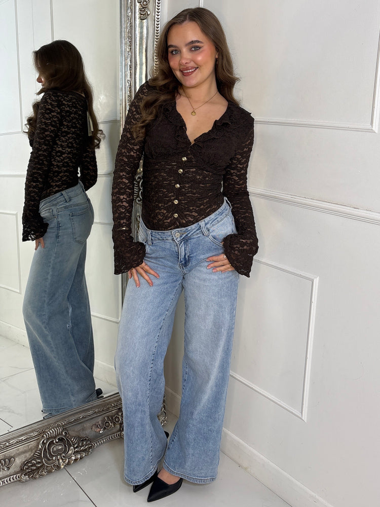 Lace Ruffle Long Sleeve Bodysuit - Brown