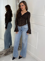 Lace Ruffle Long Sleeve Bodysuit - Brown