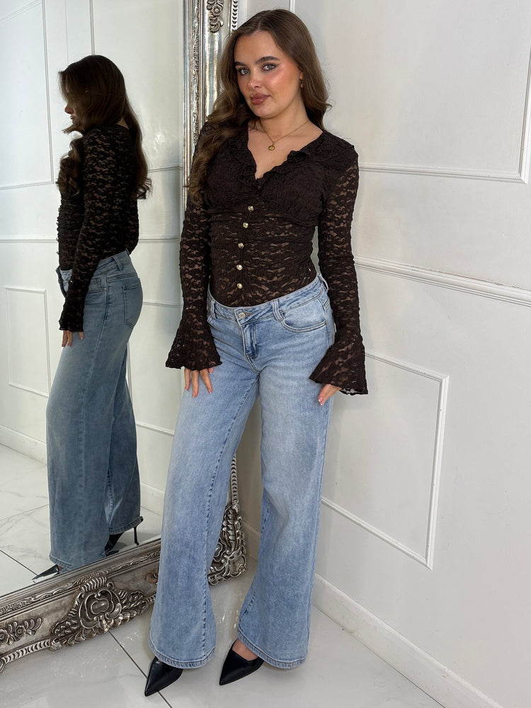 Lace Ruffle Long Sleeve Bodysuit - Brown