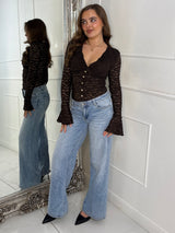 Lace Ruffle Long Sleeve Bodysuit - Brown