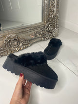 Fur Trim Platform Slippers - Black