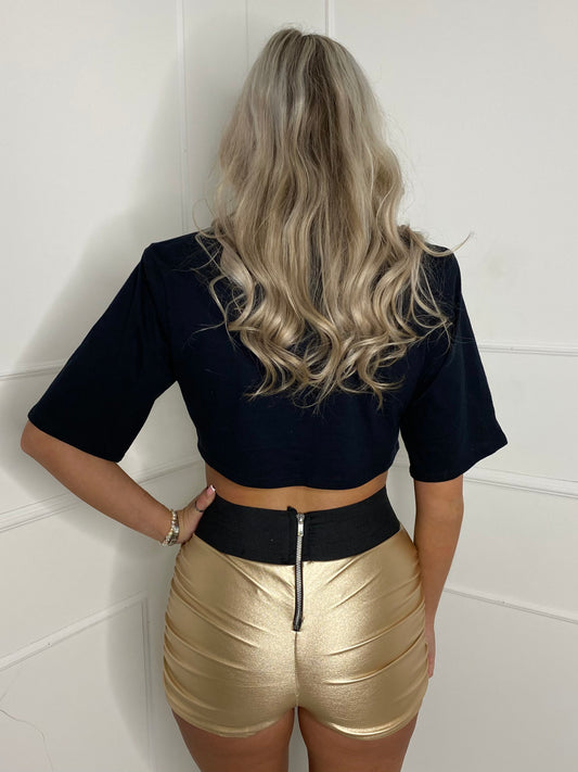 Thick Band Ruched Side PU Shorts - Gold