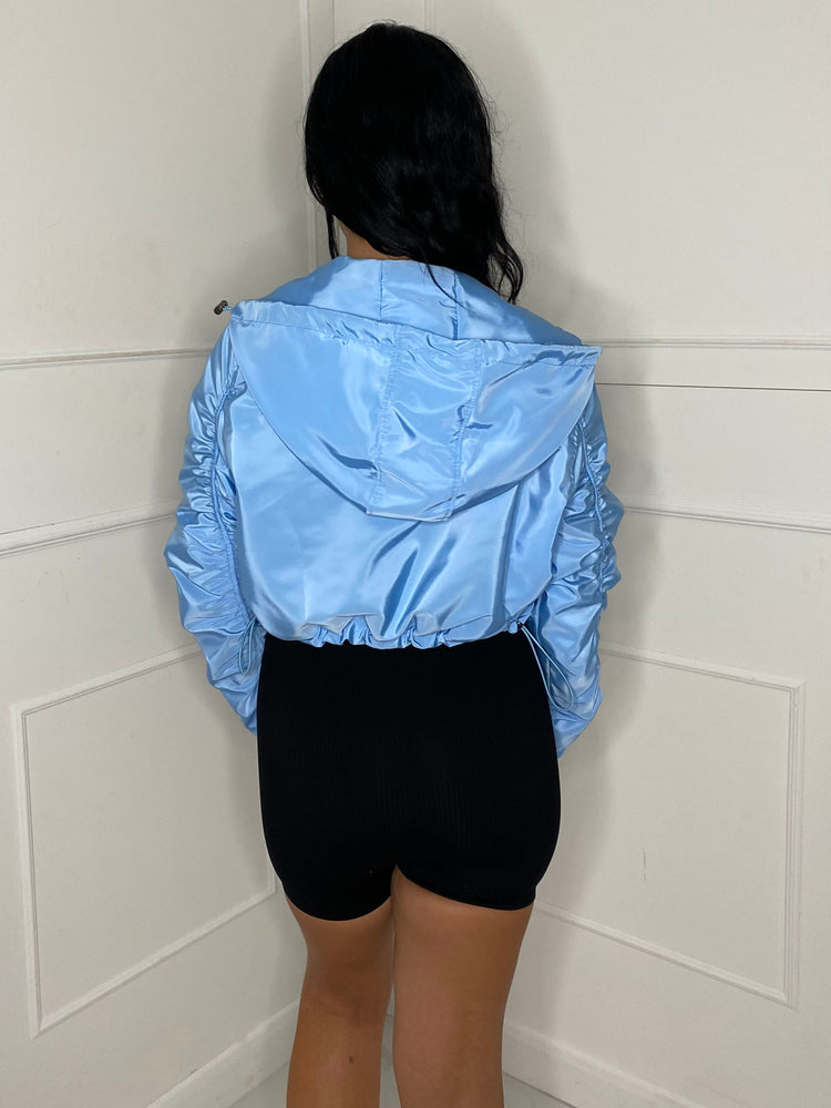Ruched Sleeve Double Pocket Detail Windbreaker Jacket - Baby Blue