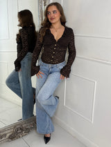 Lace Ruffle Long Sleeve Bodysuit - Brown