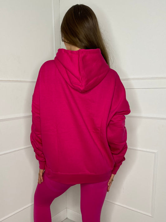 Ribbon Detail Ruche Sleeve Hoodie - Cerise Pink